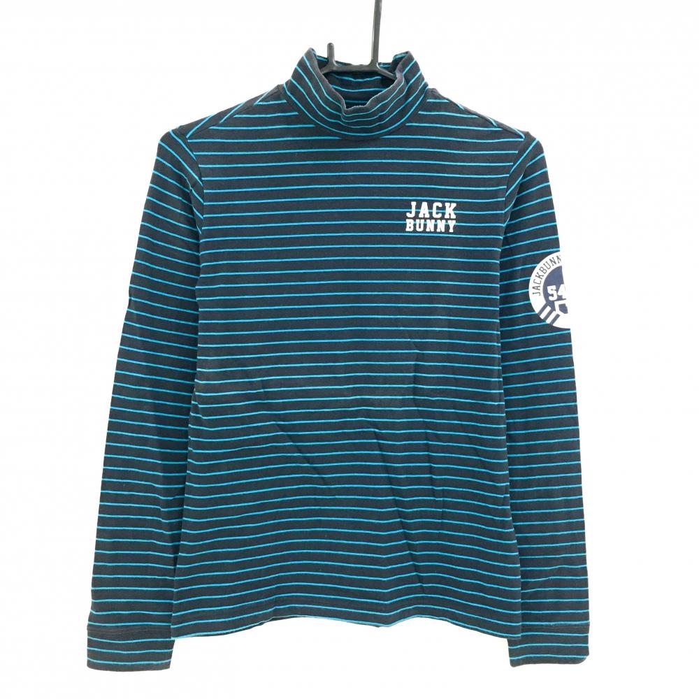 ジャックバニー 長袖ハイネックシャツ 黒×ライトブルー ボーダー ロゴ白 レディース 1(M) ゴルフウェア Jack Bunny