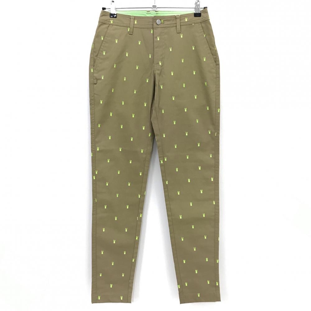 【新品】ジャックバニー パンツ ベージュ系×蛍光グリーン ウサギ総柄刺しゅう レディース 1(M) ゴルフウェア Jack Bunny