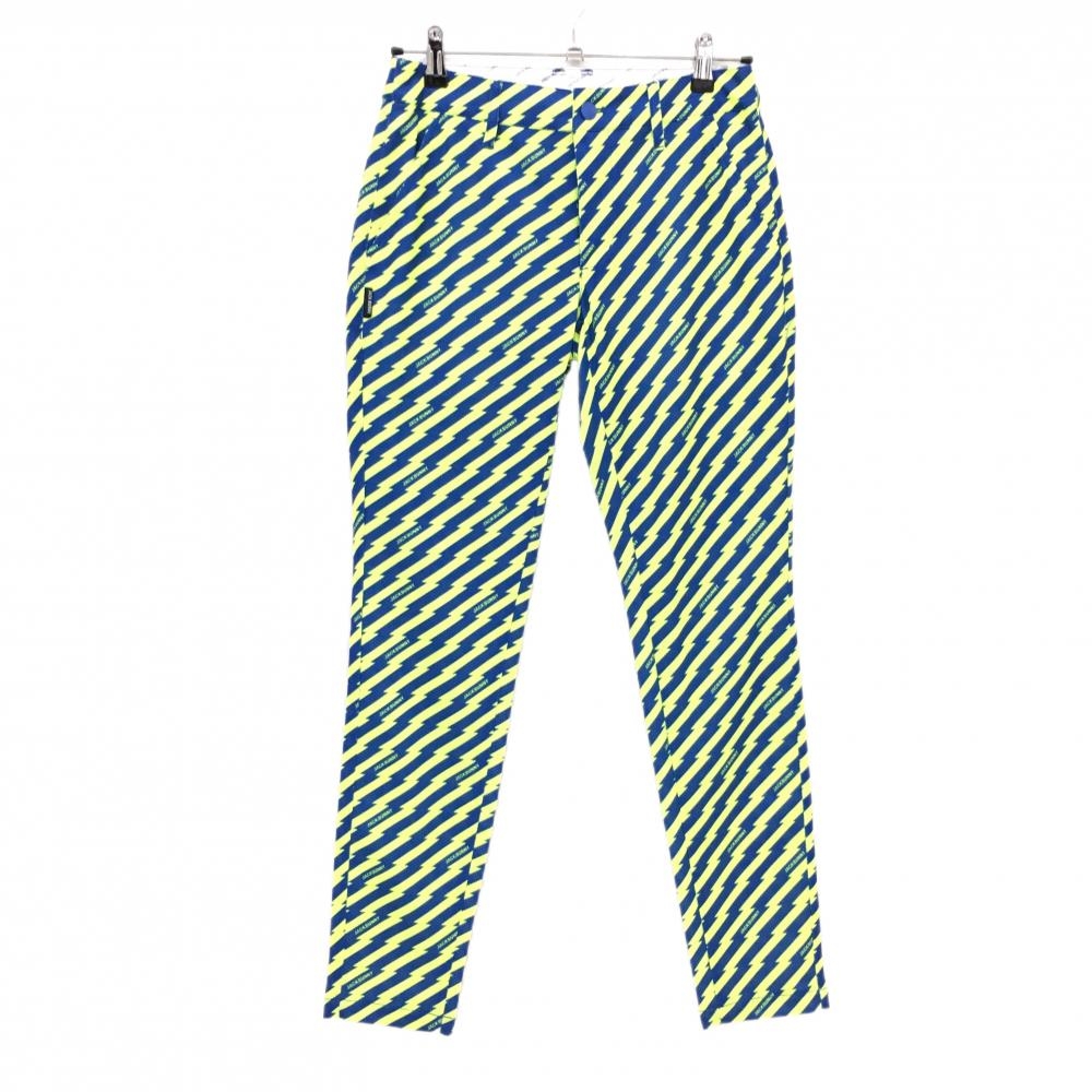 【新品】ジャックバニー パンツ ブルー×蛍光イエロー イナズマ総柄 メッシュ調生地 レディース 1(M) ゴルフウェア Jack Bunny