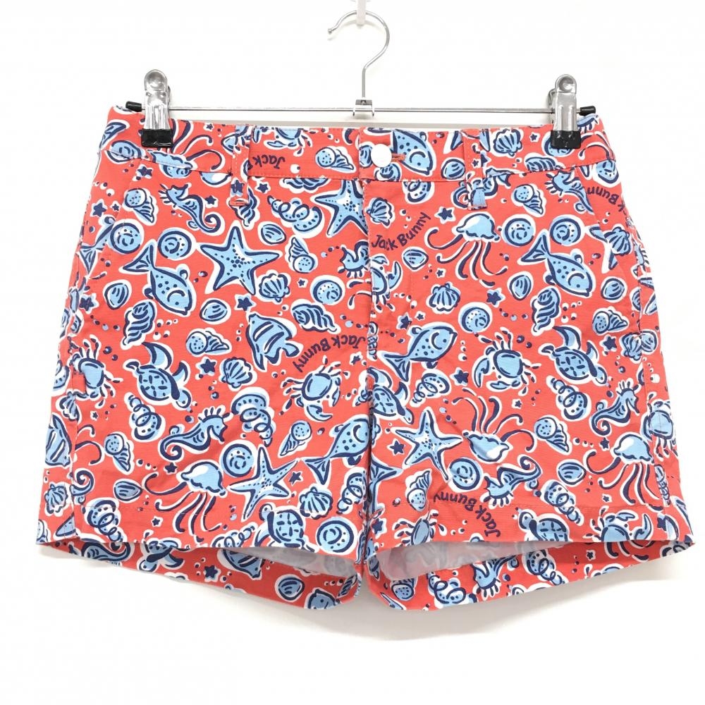 【超美品】ジャックバニー ショートパンツ レッド×ブルー マリン柄 レディース 1(M) ゴルフウェア Jack Bunny