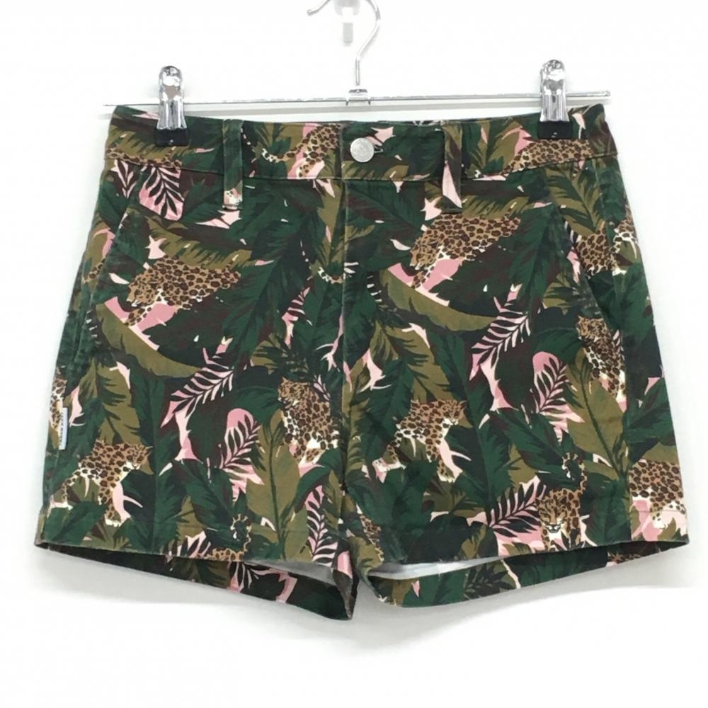 ジャックバニー ショートパンツ グリーン×マルチ 総柄 ヒョウ リーフ レディース 0(S) ゴルフウェア Jack Bunny