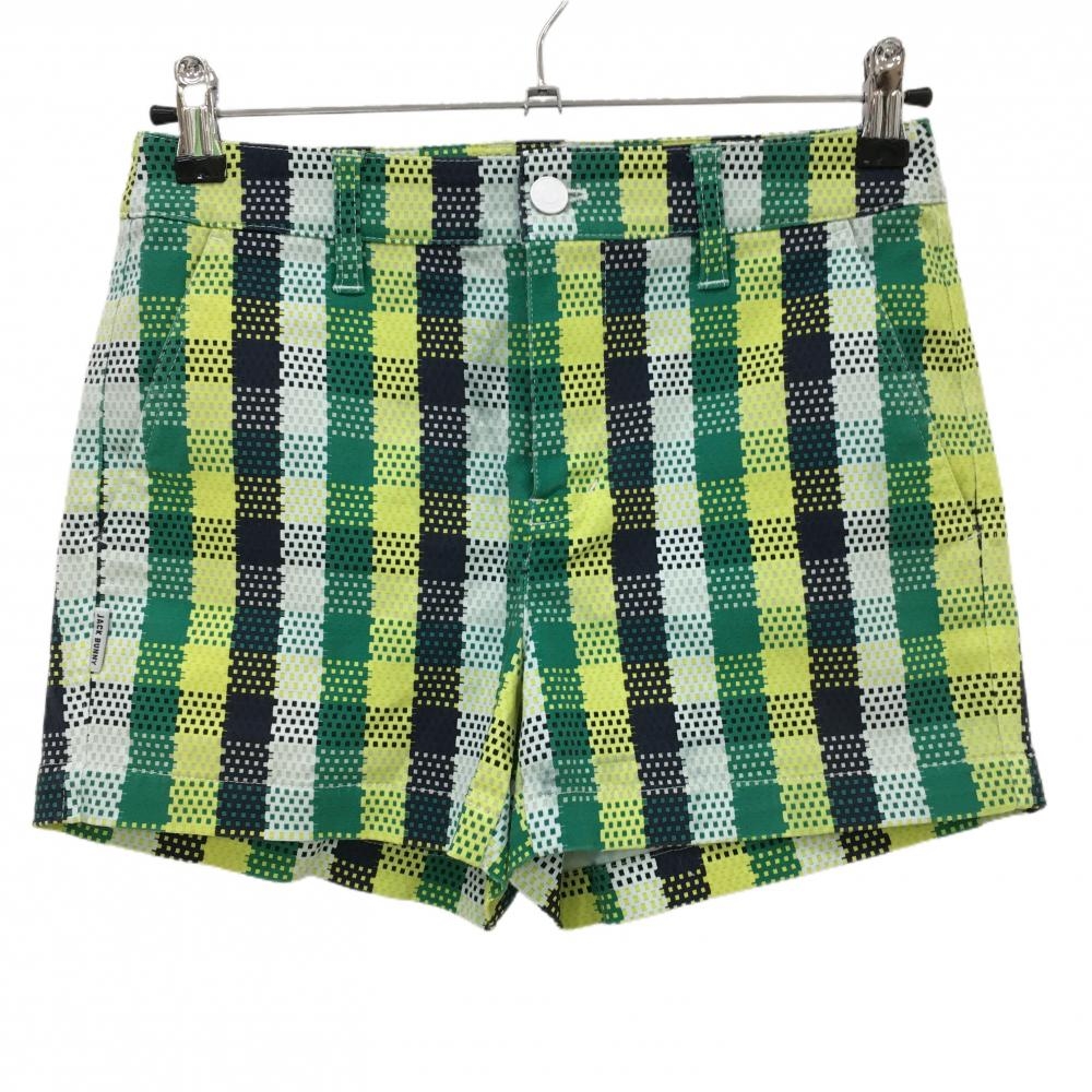 【美品】ジャックバニー ショートパンツ グリーン×イエロー チェック レディース 0(S) ゴルフウェア Jack Bunny