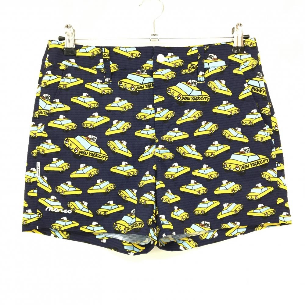 【超美品】ジャックバニー ショートパンツ ネイビー×イエロー タクシー総柄 レディース 2(L) ゴルフウェア Jack Bunny