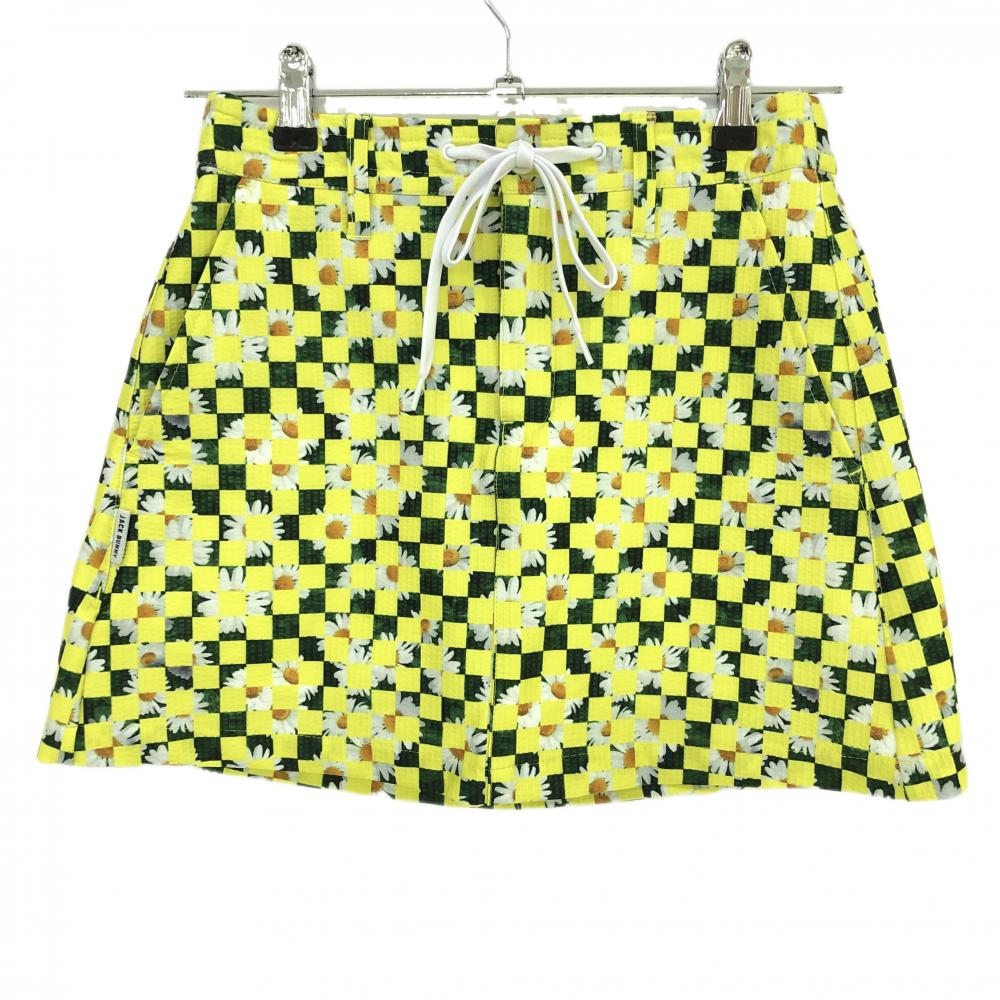 【超美品】ジャックバニー スカート イエロー×グリーン×白 ブロックチェック 花柄 ストレッチ レディース 0(S) ゴルフウェア Jack Bunny