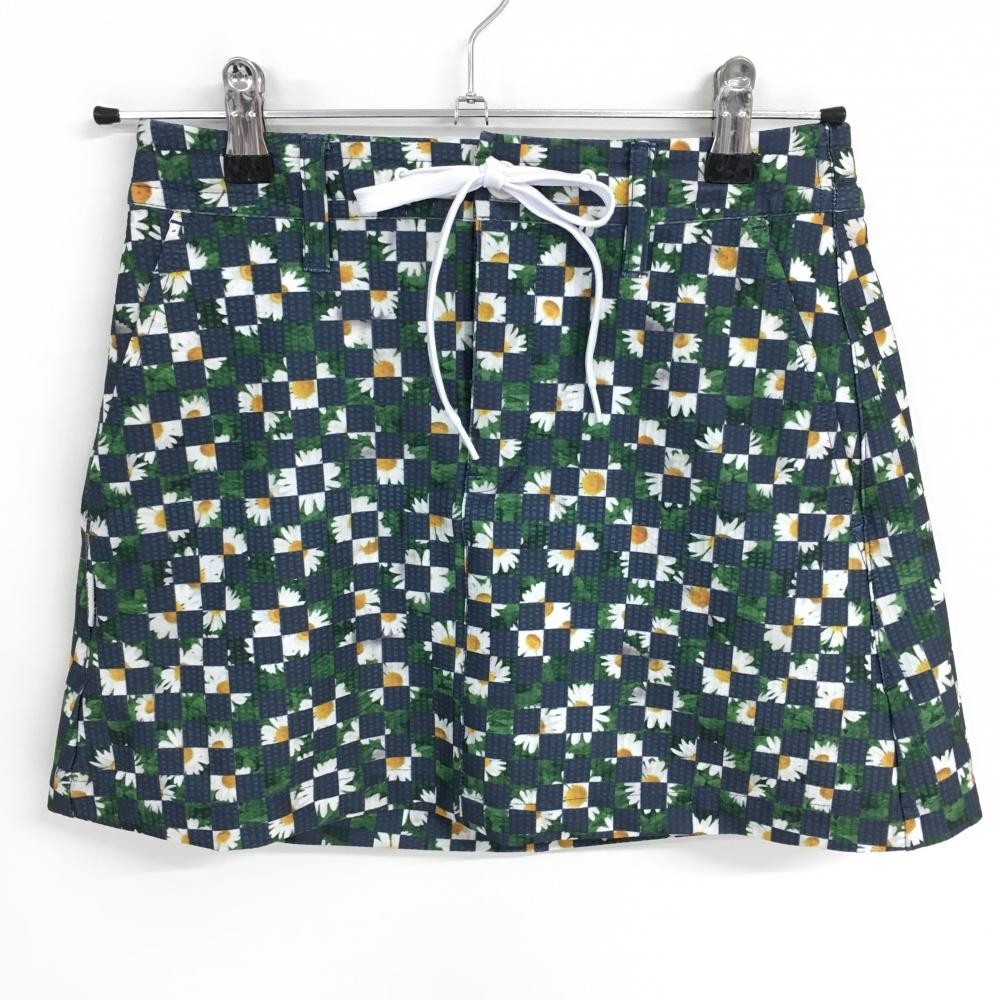 【超美品】ジャックバニー スカート ネイビー×白×黄色 花柄 ブロックチェック  レディース 0(S) ゴルフウェア Jack Bunny