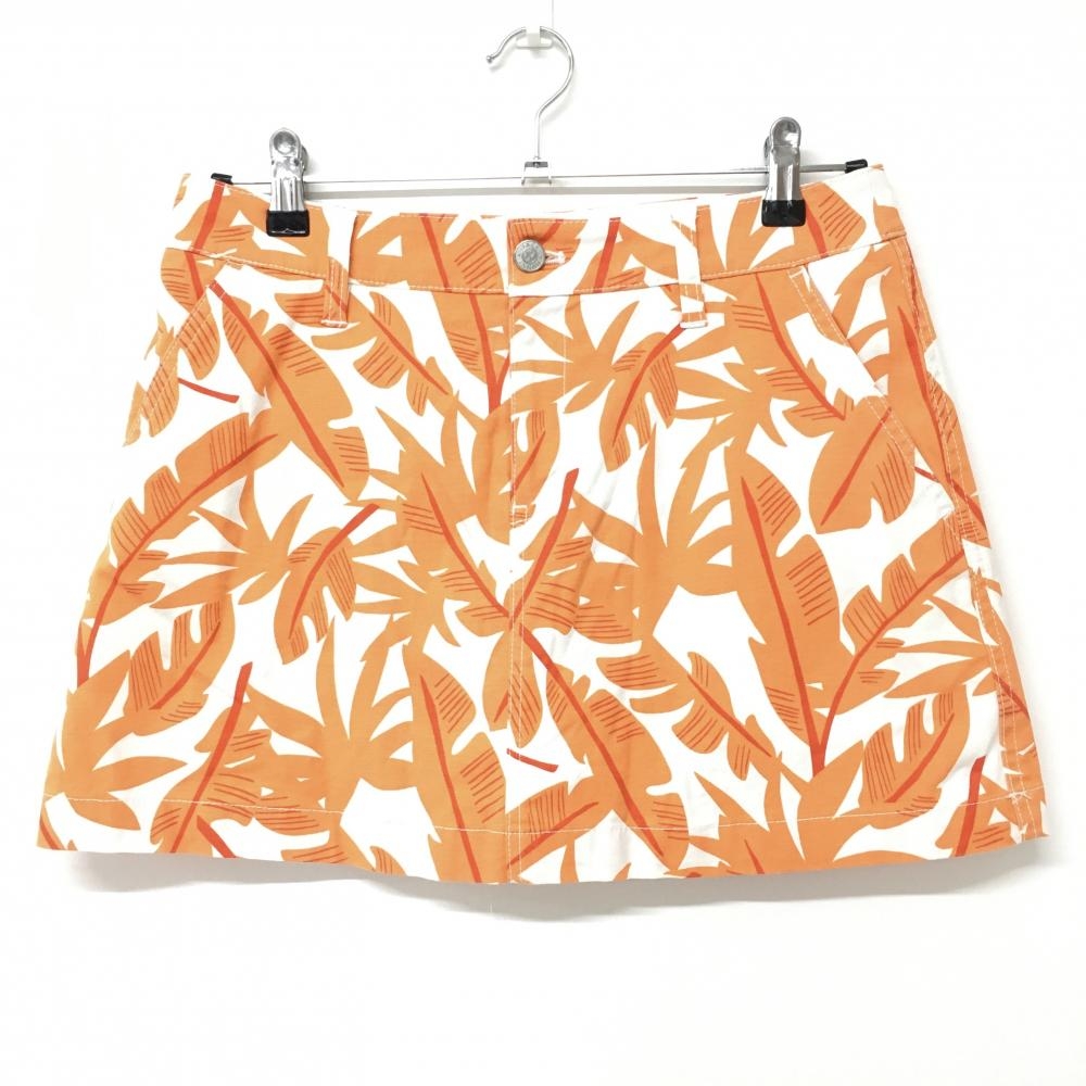 【超美品】ジャックバニー スカート アイボリー×オレンジ リーフ総柄 ストレッチ  レディース 2(L) ゴルフウェア Jack Bunny