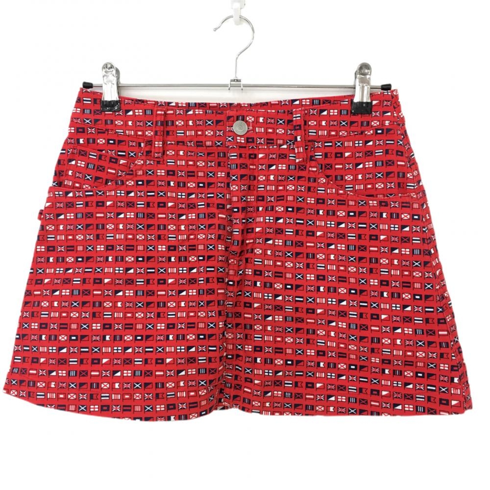 【超美品】ジャックバニー スカート レッド×ネイビー 旗総柄 内側インナーパンツ  レディース 1(M) ゴルフウェア Jack Bunny