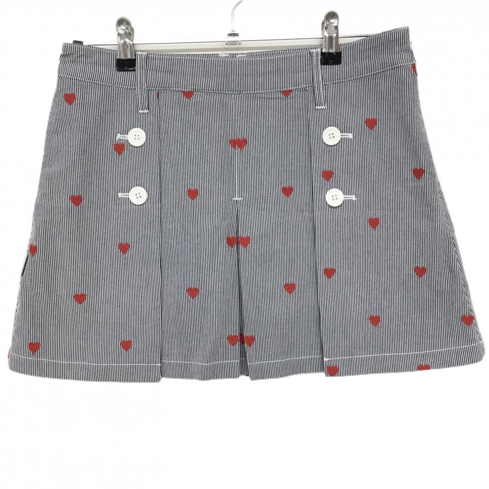 【超美品】ジャックバニー スカート ネイビー×白 ストライプ ヒッコリー ハート刺しゅう レディース 2(L) ゴルフウェア Jack Bunny