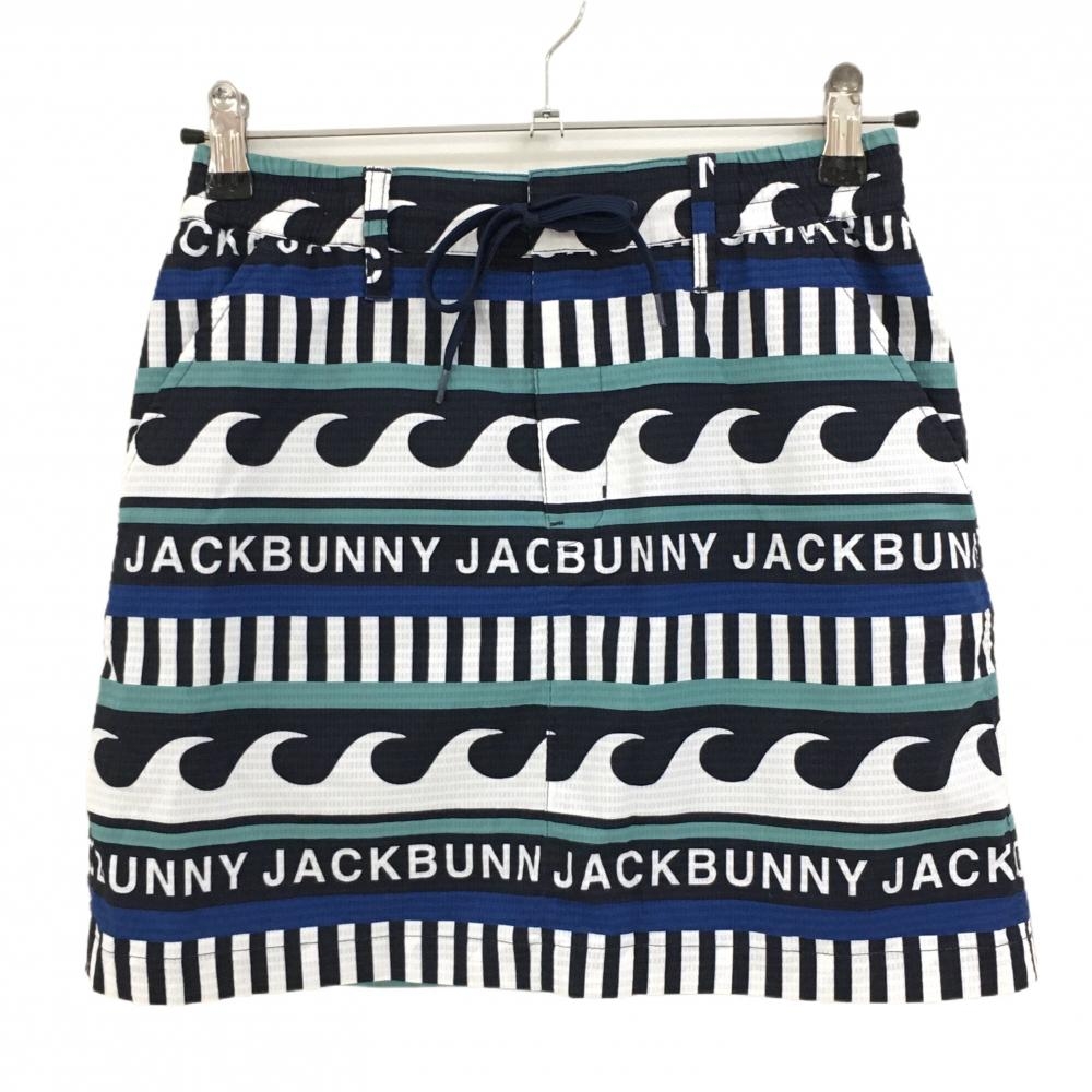 【超美品】ジャックバニー スカート ネイビー×白 ストライプ・波・ロゴ総柄 レディース 1(M) ゴルフウェア 2024年モデル Jack Bunny