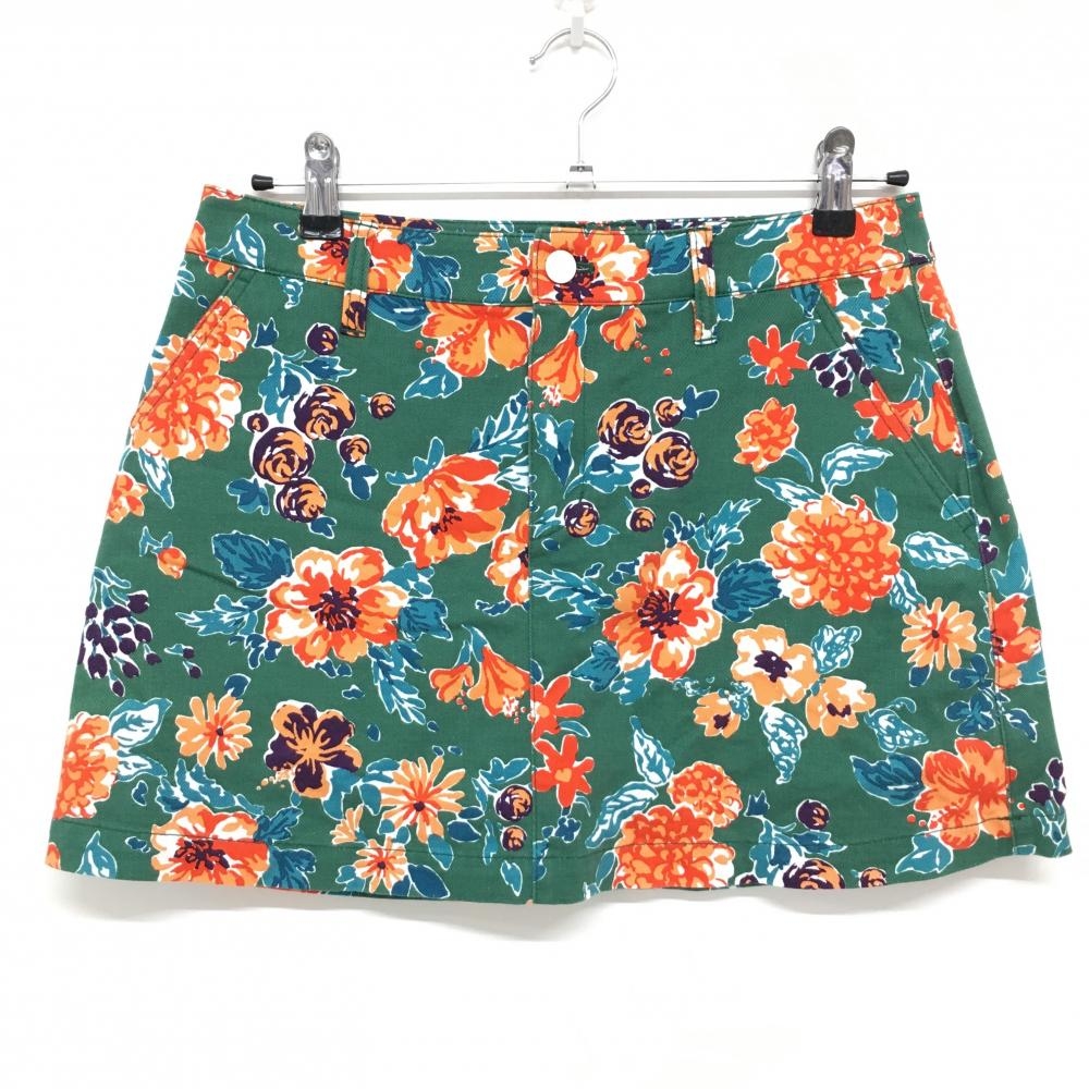 【美品】ジャックバニー スカート グリーン×レッド 花柄 内側インナーパンツ レディース 2(L) ゴルフウェア Jack Bunny