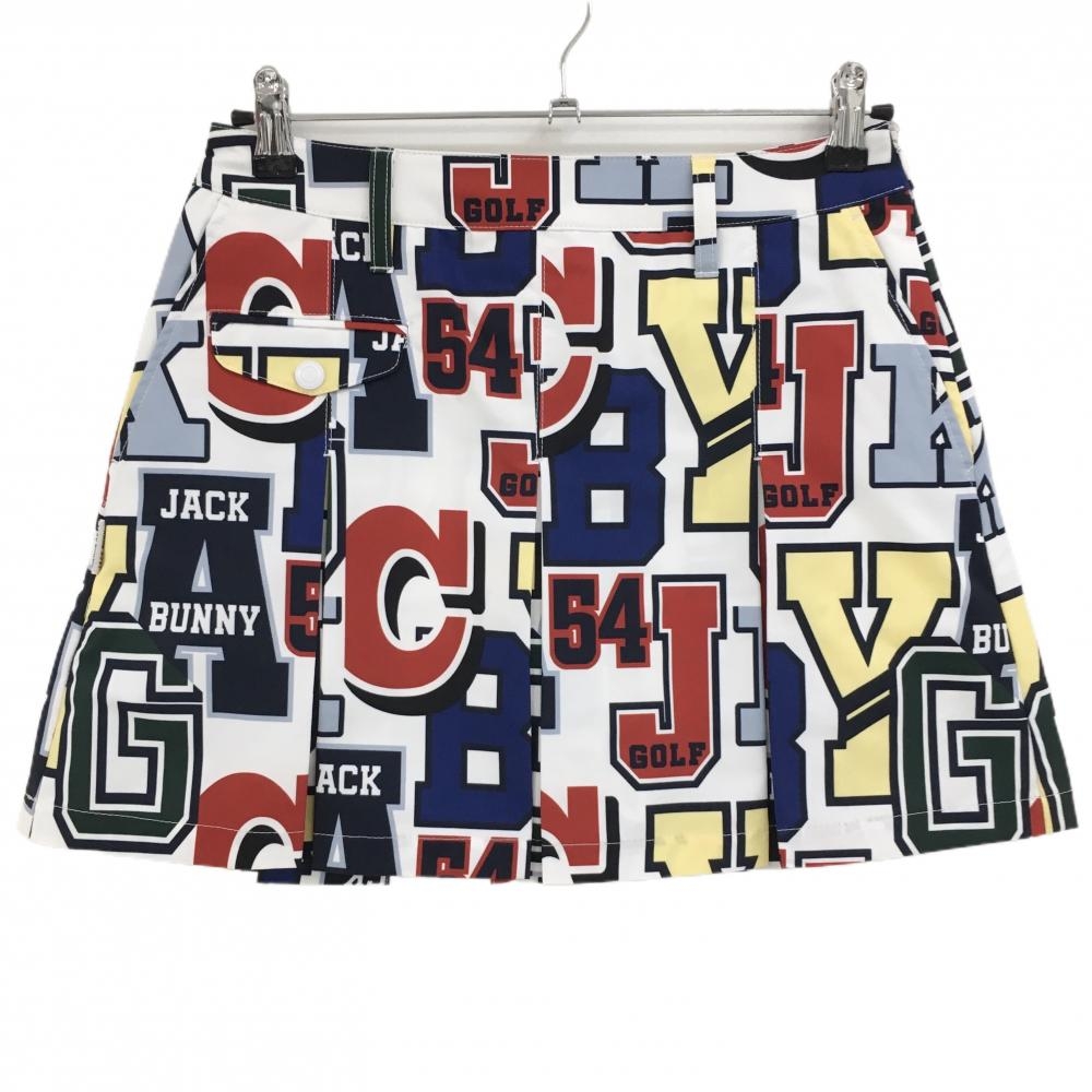 【超美品】ジャックバニー スカート 白×マルチカラー 英字柄 ボックスプリーツ レディース 1(M) ゴルフウェア Jack Bunny