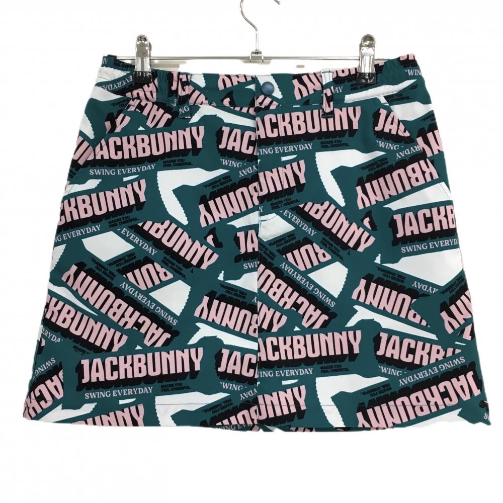 【超美品】ジャックバニー スカート ブルーグリーン×ピンク ロゴ総柄 レディース 2(L) ゴルフウェア 2025年モデル Jack Bunny