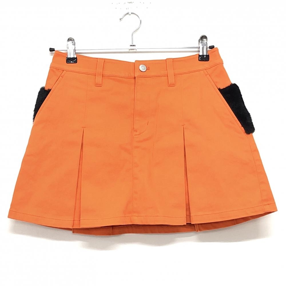 【美品】ジャックバニー ボックスプリーツスカート オレンジ×黒 一部ファー  レディース 0(S) ゴルフウェア Jack Bunny