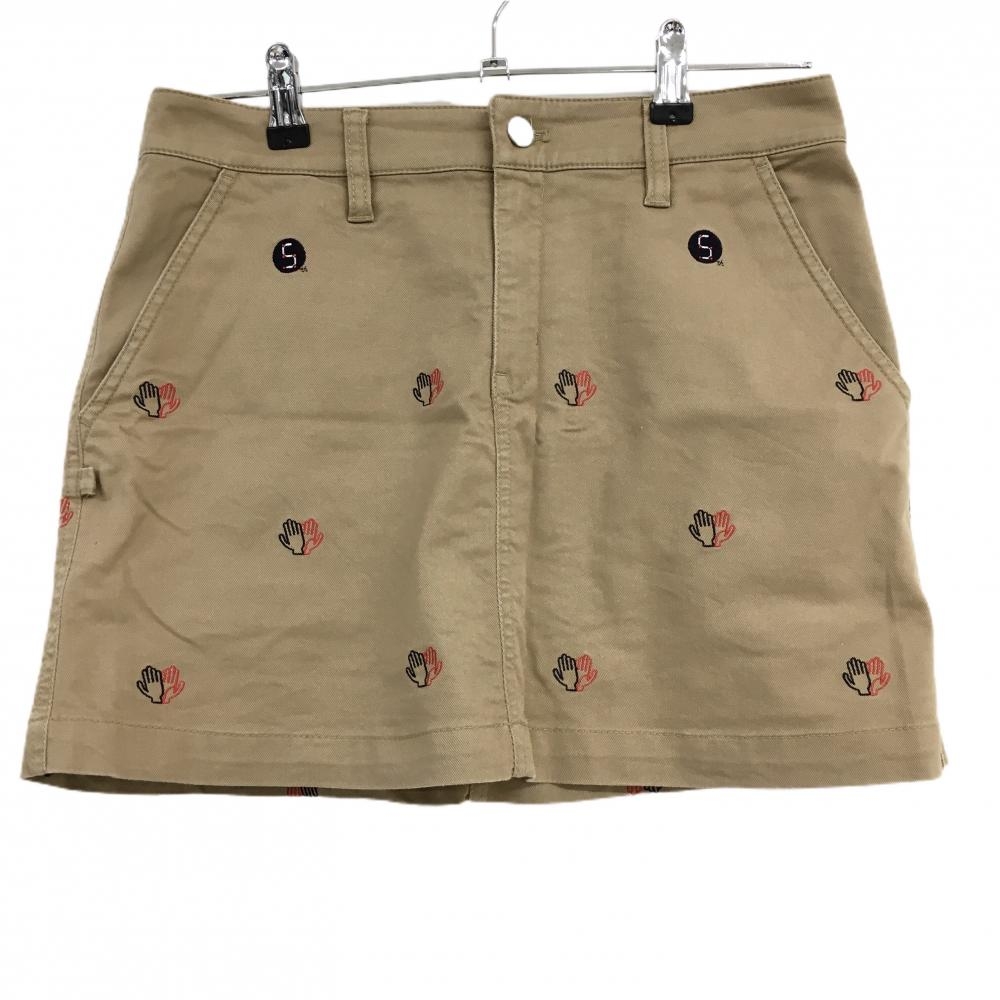 【美品】ジャックバニー スカート ライトブラウン×ネイビー×レッド ハンド刺しゅう 5周年 レディース 2(L) ゴルフウェア Jack Bunny