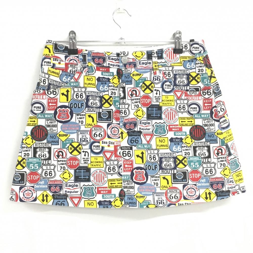 【美品】ジャックバニー スカート 白×マルチカラー 総柄 内側インナーパンツ ストレッチ レディース 2(L) ゴルフウェア Jack Bunny