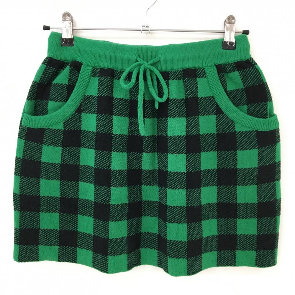 【超美品】ジャックバニー ニットスカート グリーン×黒 チェック柄 ウエストゴム 調節紐  レディース 1(M) ゴルフウェア Jack Bunny