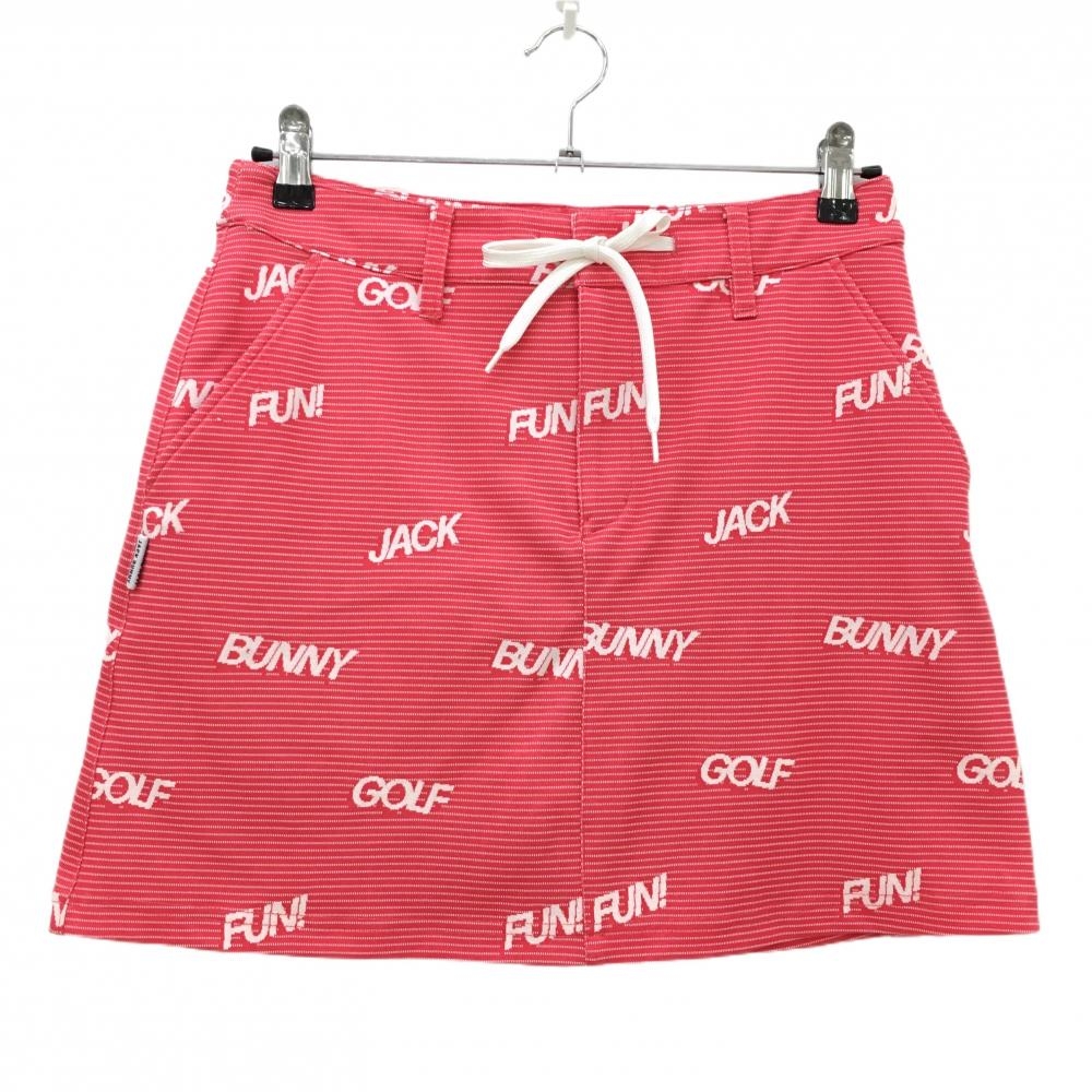 【美品】ジャックバニー スカート ピンク×白 ボーダー 英字柄 ウエスト調節紐付 レディース 2(L) ゴルフウェア 2023年モデル Jack Bunny