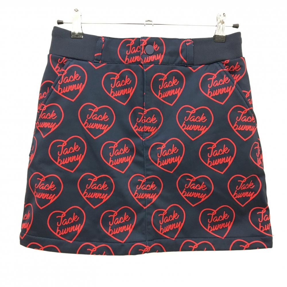 【美品】ジャックバニー スカート ネイビー×レッド ロゴ ハート柄 裏起毛   レディース 2(L) ゴルフウェア 2024年モデル Jack Bunny