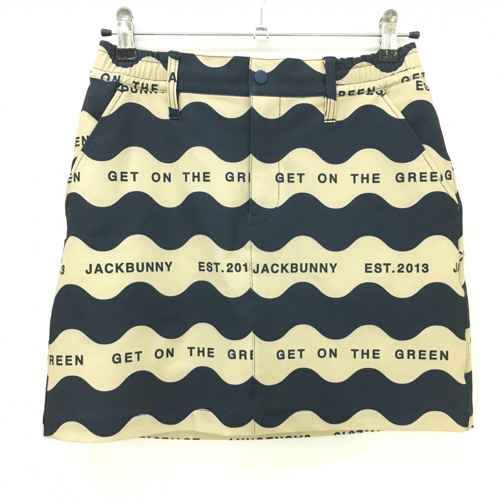【美品】ジャックバニー スカート ベージュ×ネイビー 波柄 内側インナーパンツ レディース 2(L) ゴルフウェア 2024年モデル Jack Bunny