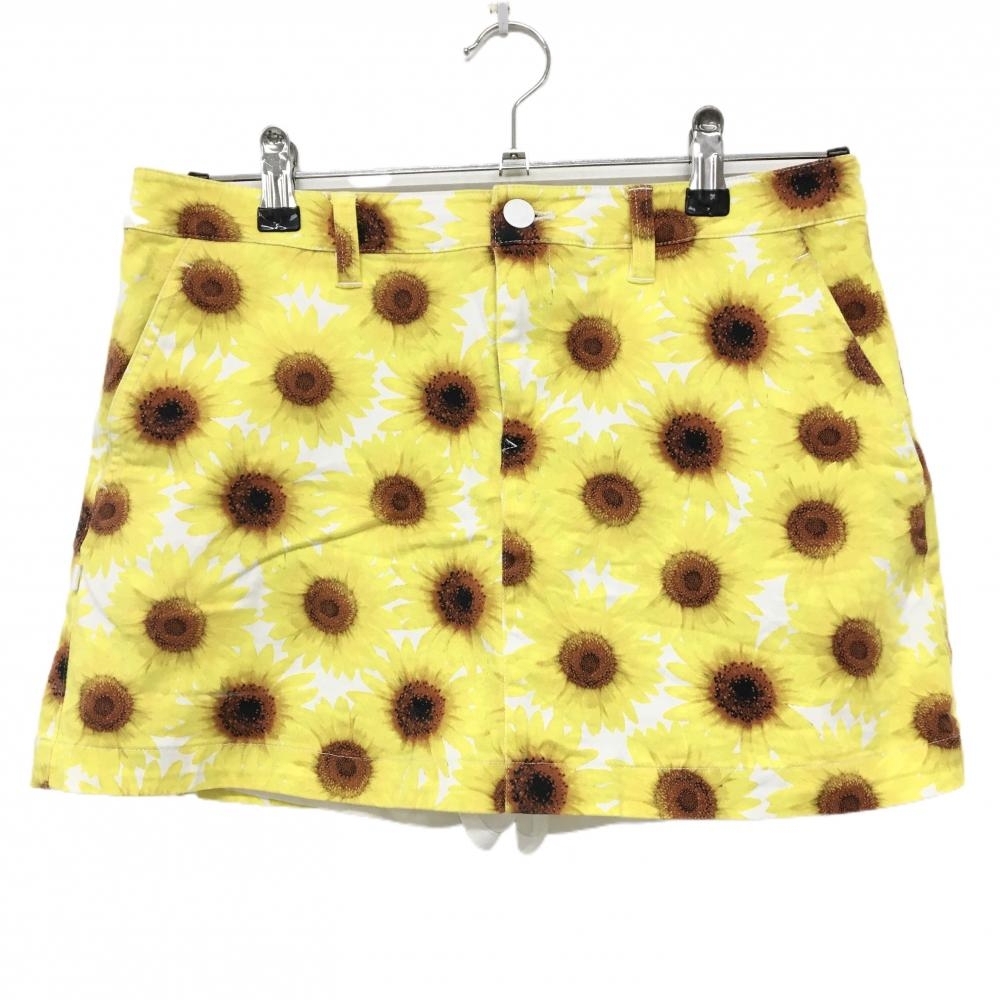 【美品】ジャックバニー スカート イエロー×ブラウン ひまわり柄 内側インナーパンツ  レディース 2(L) ゴルフウェア Jack Bunny