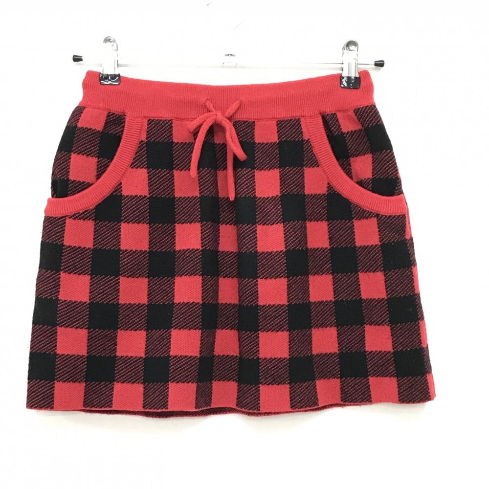 【美品】ジャックバニー ニットスカート レッド×黒 ボックスチェック ウエストゴム ウール混 レディース 0(S) ゴルフウェア Jack Bunny