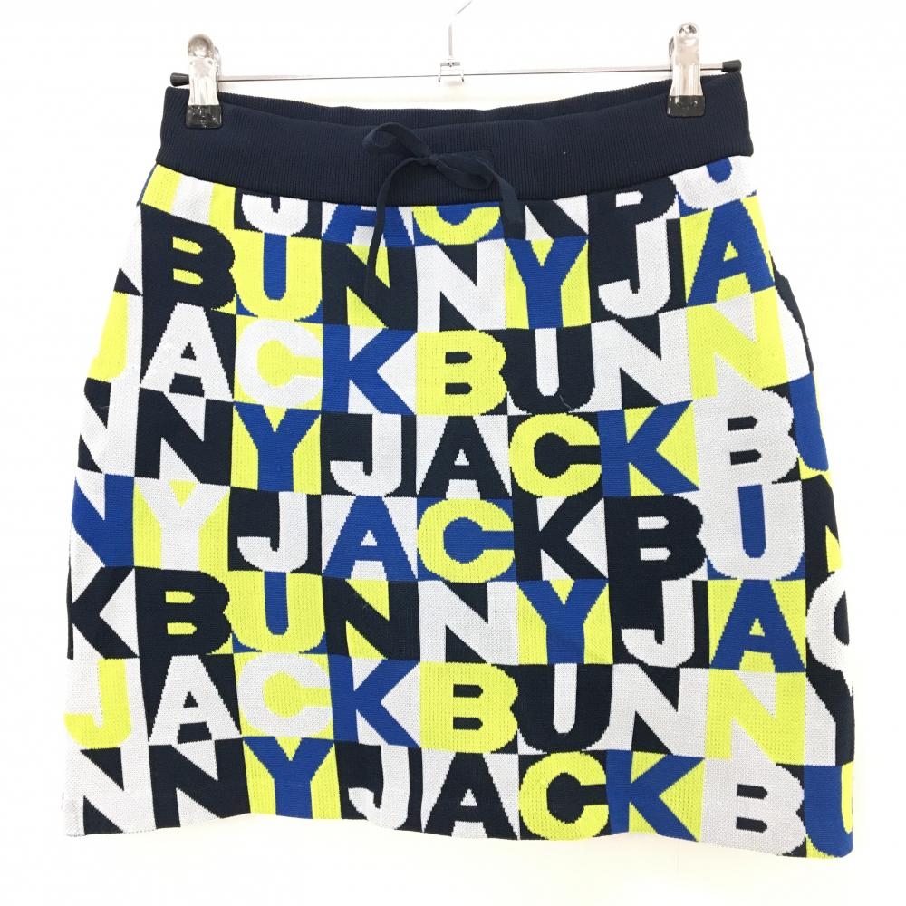 ジャックバニー ニットスカート 白×ネイビー×イエロー系 英字総柄  レディース 2(L) ゴルフウェア Jack Bunny