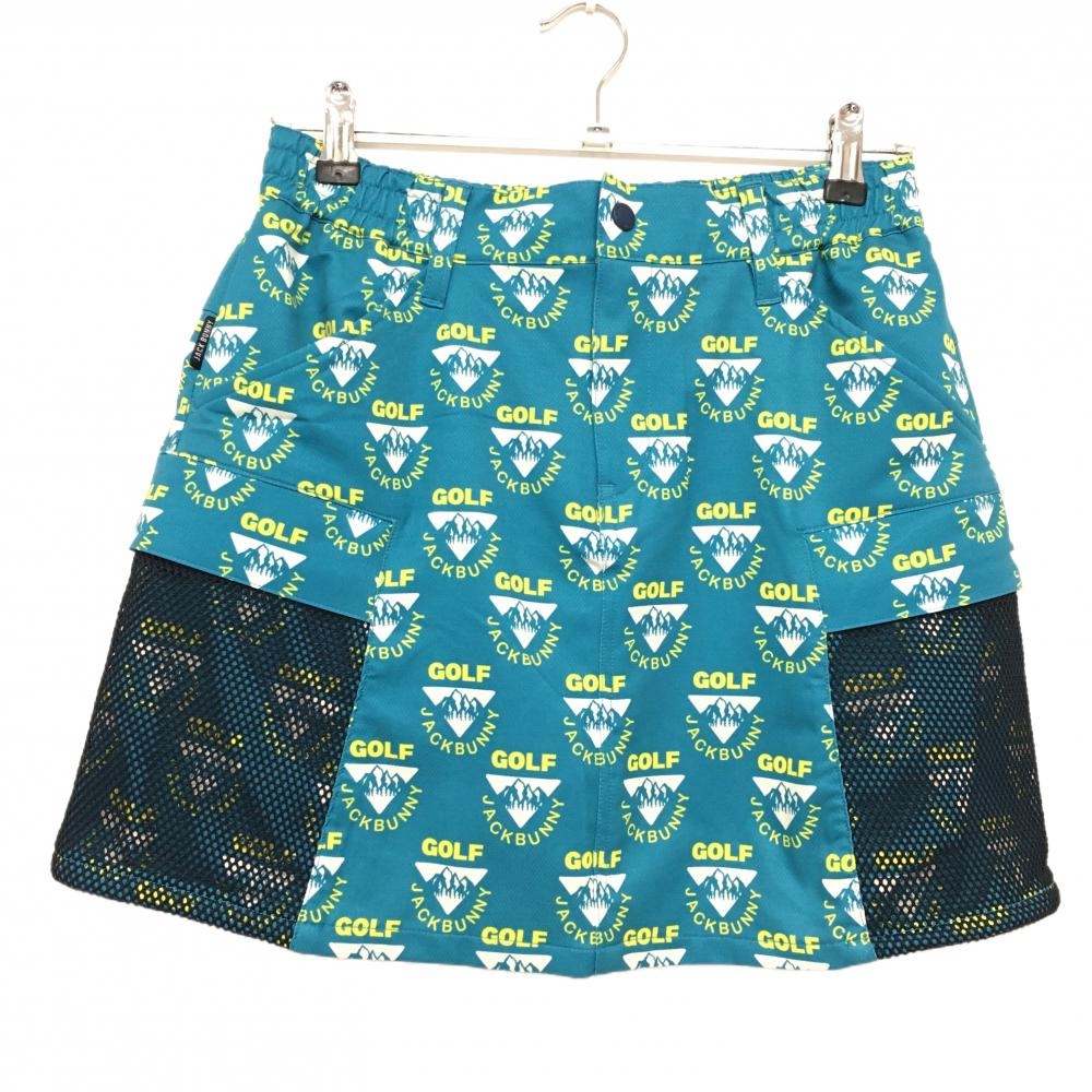 【超美品】ジャックバニー スカート グリーンブルー×イエロー ロゴ総柄 メッシュポケット レディース 2(L) ゴルフウェア Jack Bunny