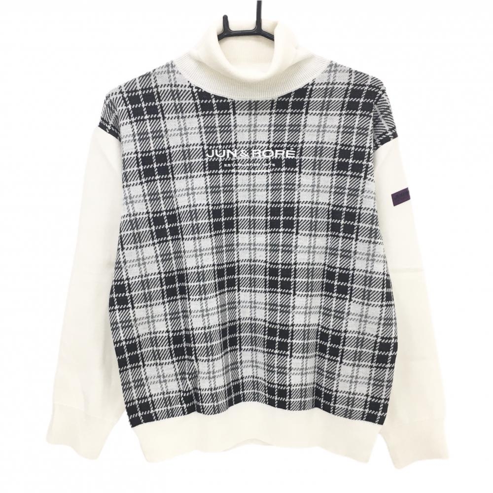 【美品】ジュンアンドロペ タートルネックセーター 白×黒 チェック ニット レディース L ゴルフウェア JUN＆ROPE