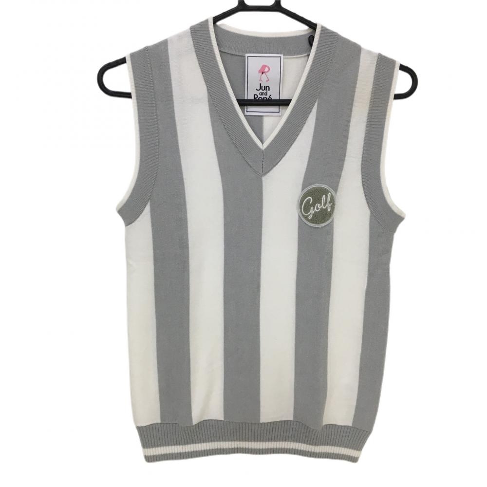 【超美品】ジュンアンドロペ ニットベスト グレー×白 ストライプ Vネック レディース S ゴルフウェア JUN＆ROPE