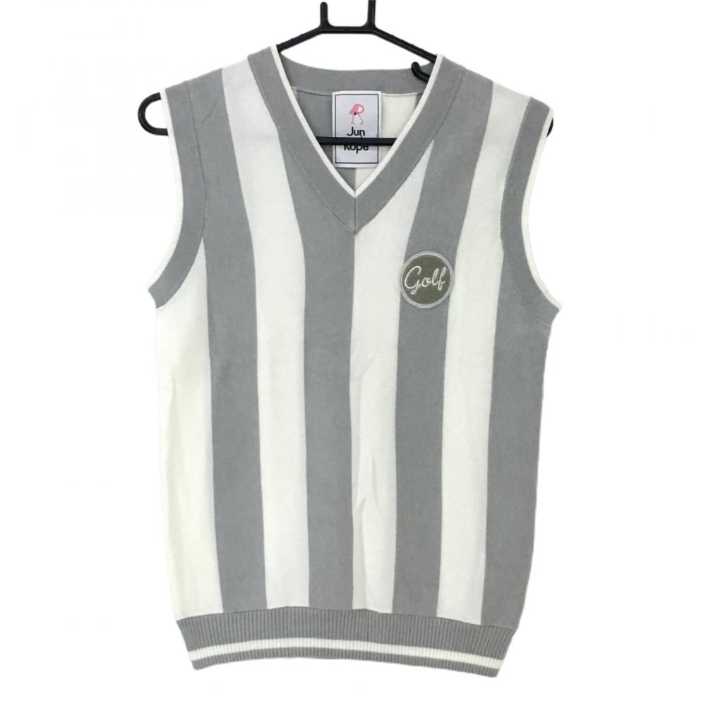 【美品】ジュンアンドロペ ニットベスト ライトグレー×白 ストライプ柄 Vネック 胸ワッペン  レディース L ゴルフウェア JUN＆ROPE