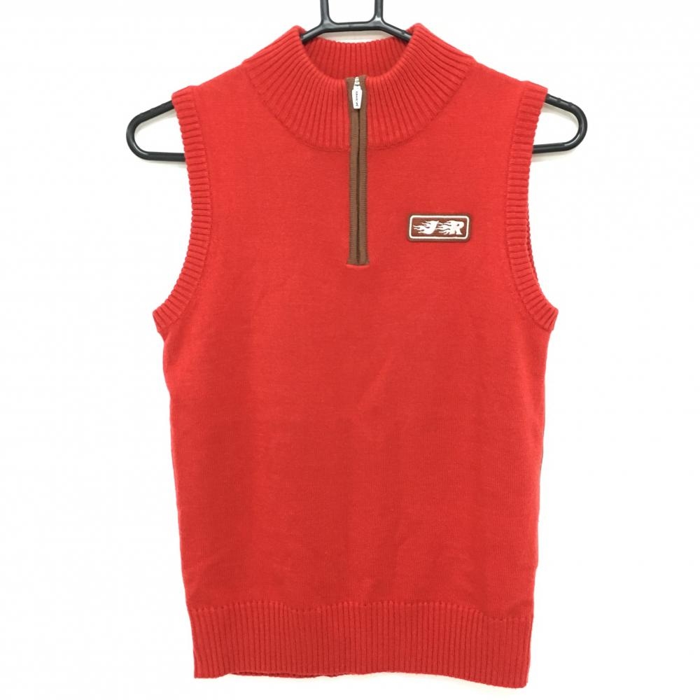 ジュンアンドロペ ニットベスト レッド×ブラウン 後ろ太ボーダー ウール混 ハーフジップ レディース M ゴルフウェア JUN＆ROPE