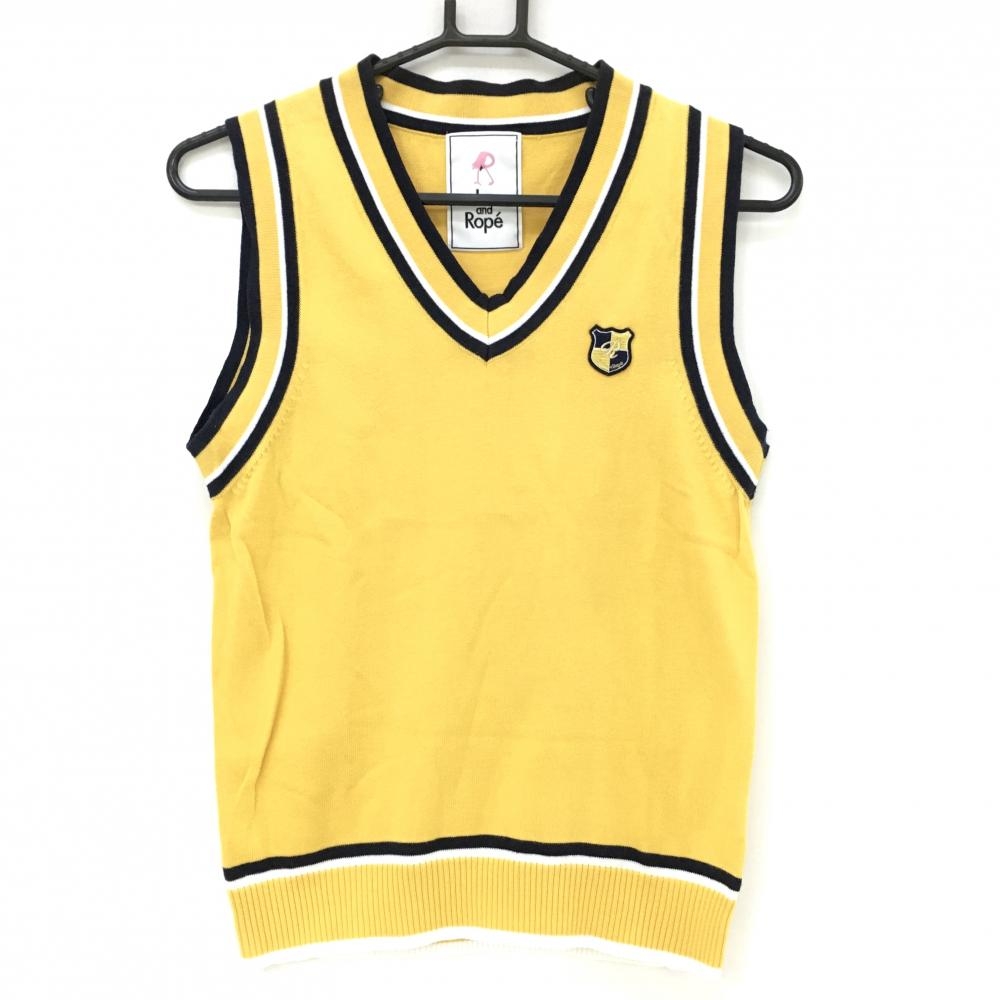 ジュンアンドロペ ニットベスト イエロー×ネイビー Vネック コットン混 レディース M ゴルフウェア JUN＆ROPE