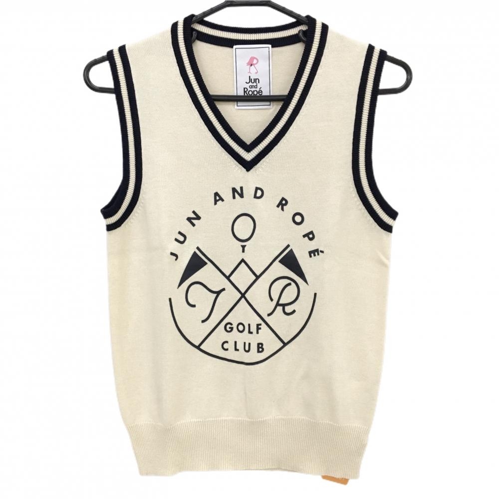 【新品】ジュンアンドロペ ニットベスト ベージュ×ダークネイビー フロントロゴ UVカット Vネック レディース M ゴルフウェア JUN＆ROPE 画像