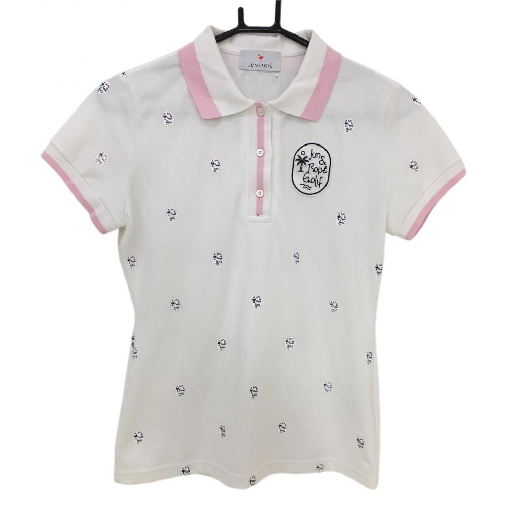 ジュンアンドロペ 半袖ポロシャツ 白×ピンク 総柄 レディース M ゴルフウェア JUN＆ROPE