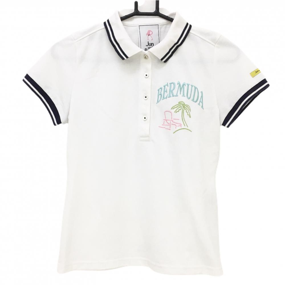 ジュンアンドロペ 半袖ポロシャツ 白×ネイビー 襟袖ライン ヤシの木刺しゅう レディース S ゴルフウェア JUN＆ROPE