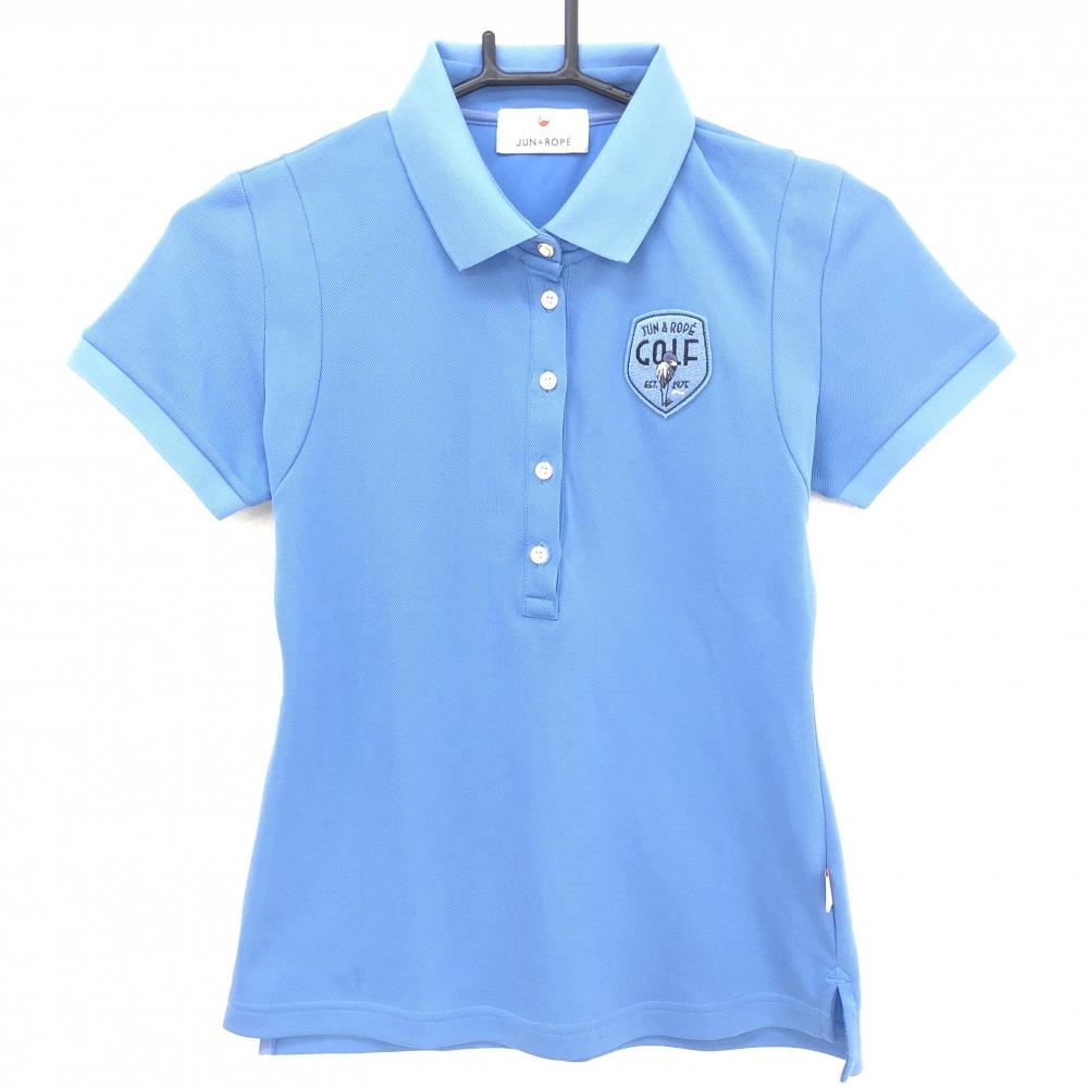 【超美品】ジュンアンドロペ 半袖ポロシャツ ライトブルー バックフラミンゴプリント 胸元ワッペン レディース S ゴルフウェア JUN＆ROPE