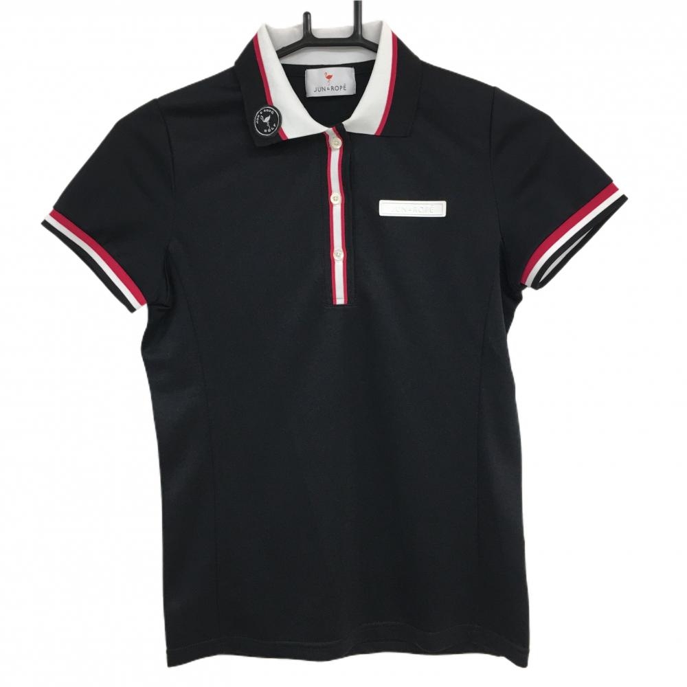 ジュンアンドロペ 半袖ポロシャツ 黒×白 襟ワッペン ピンクライン レディース S ゴルフウェア JUN＆ROPE