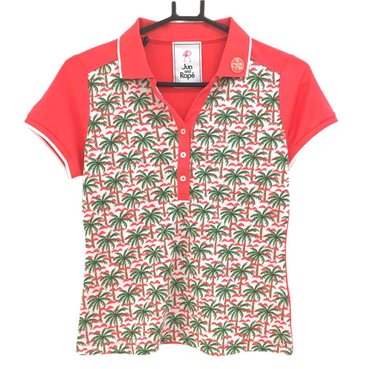 【超美品】ジュンアンドロペ 半袖ポロシャツ レッド系×白 前面ヤシの木総柄 ロゴ レディース S ゴルフウェア JUN＆ROPE 画像