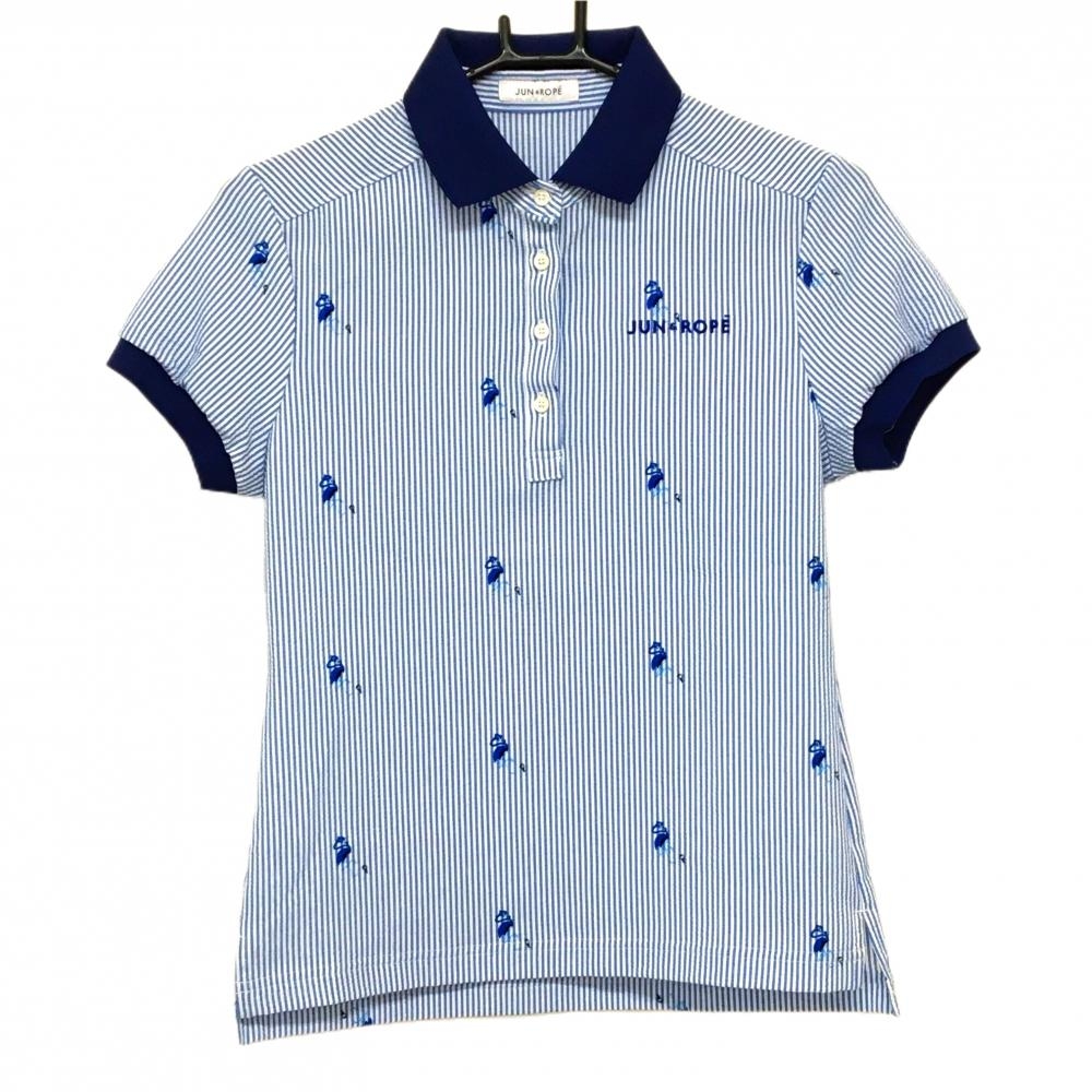 【超美品】ジュンアンドロペ 半袖ポロシャツ ブルー×白 ストライプ フラミンゴ総柄  レディース S ゴルフウェア JUN＆ROPE
