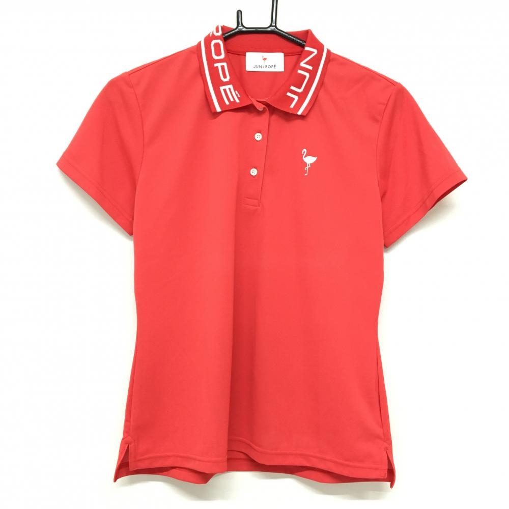 【超美品】ジュンアンドロペ 半袖ポロシャツ レッド×白 襟ロゴ フラミンゴプリント レディース L ゴルフウェア JUN＆ROPE