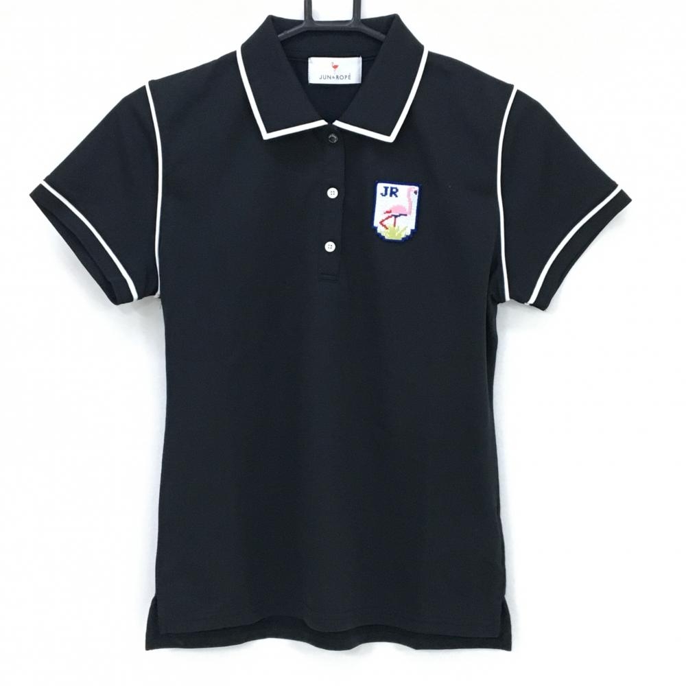 【超美品】ジュンアンドロペ 半袖ポロシャツ 黒×白 ロゴワッペン レディース M ゴルフウェア JUN＆ROPE