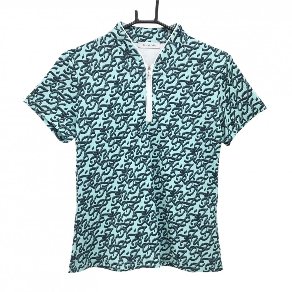 【超美品】ジュンアンドロペ 半袖ポロシャツ ライトグリーン×ネイビー スタンドカラー 総柄 レディース M ゴルフウェア JUN＆ROPE