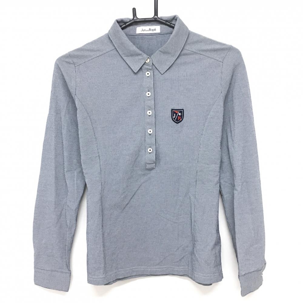 【超美品】ジュンアンドロペ 長袖ポロシャツ ネイビー×白 ストライプ柄 胸元ワッペン レディース  ゴルフウェア サンプル品 JUN＆ROPE