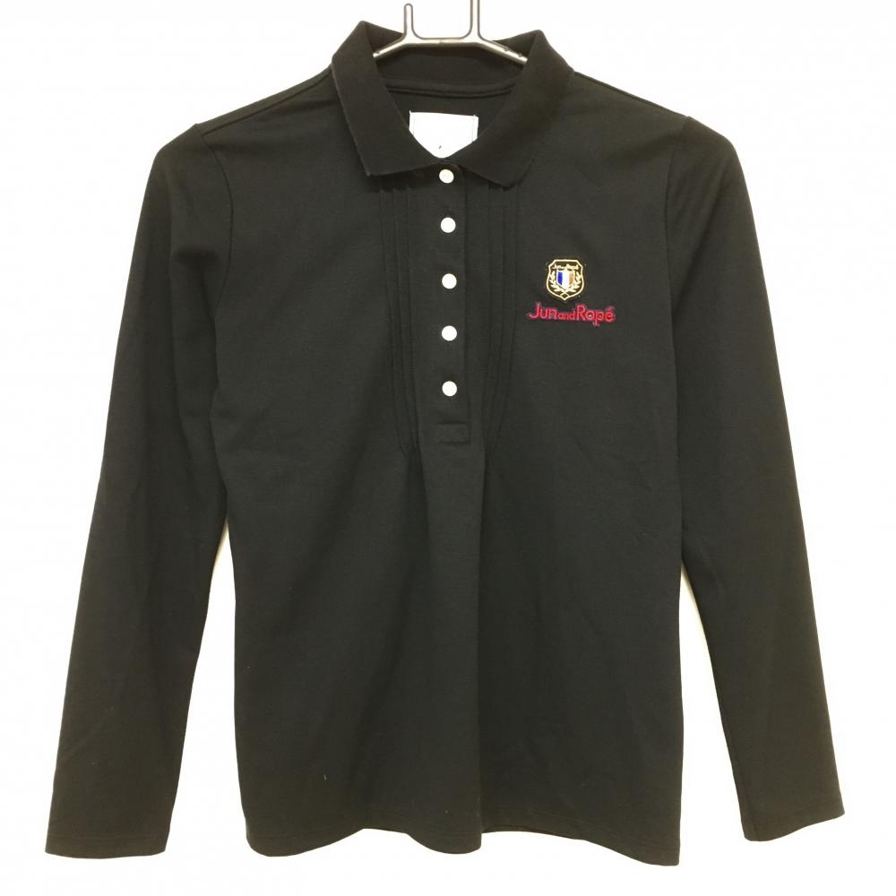 ジュンアンドロペ 長袖ポロシャツ 黒 織生地 胸元ロゴ  レディース S ゴルフウェア JUN＆ROPE