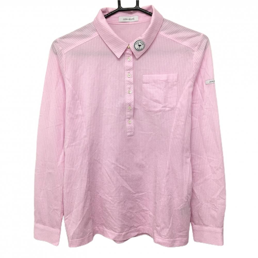 【美品】ジュンアンドロペ 長袖ポロシャツ ピンク×白 ストライプ ワッペン  レディース L ゴルフウェア JUN＆ROPE 画像