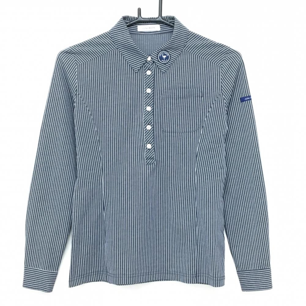 ジュンアンドロペ 長袖ポロシャツ ネイビー×白 ストライプ 胸ポケット レディース S ゴルフウェア JUN＆ROPE