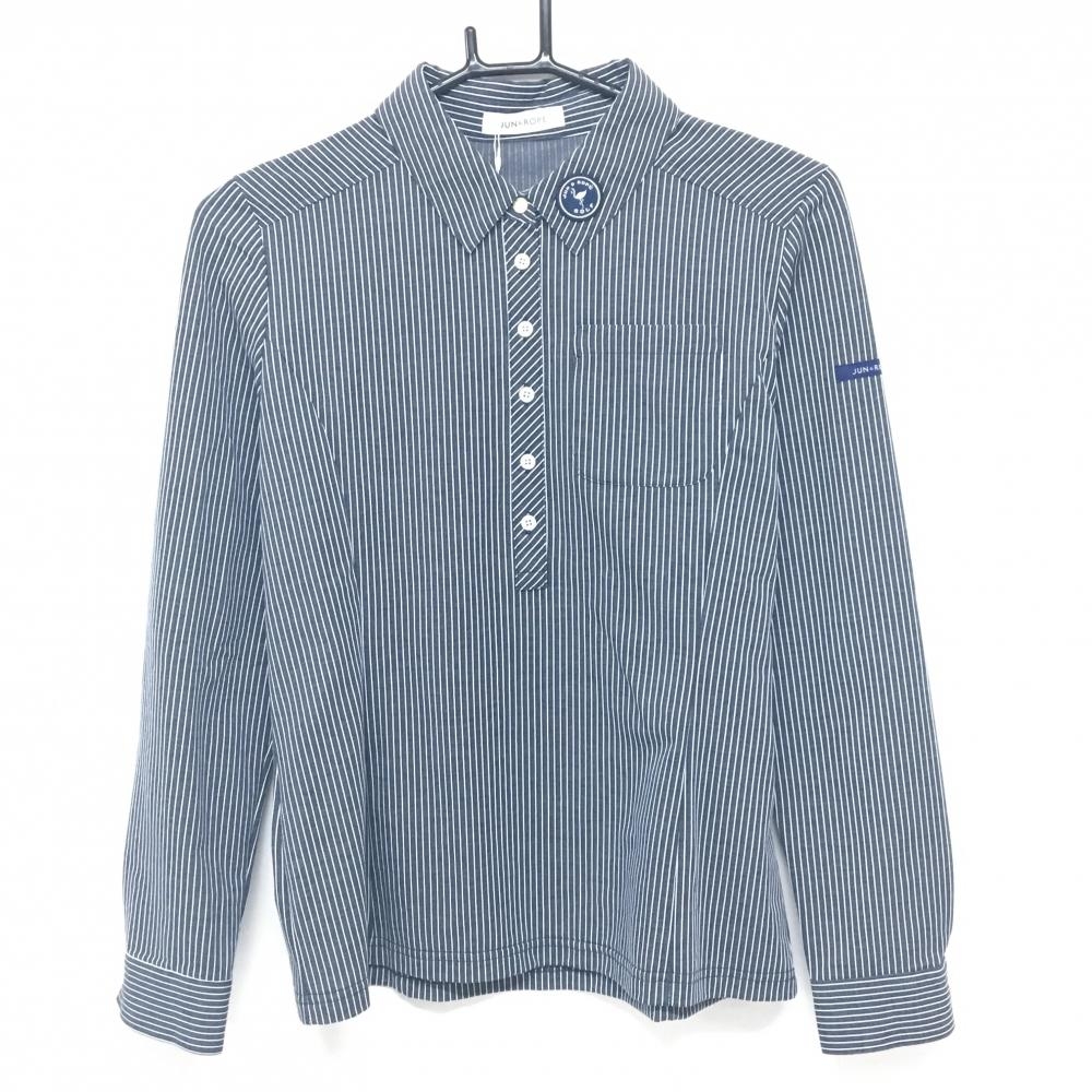 【新品】ジュンアンドロペ 長袖ポロシャツ ネイビー×白 ストライプ レディース F ゴルフウェア サンプル品 JUN＆ROPE