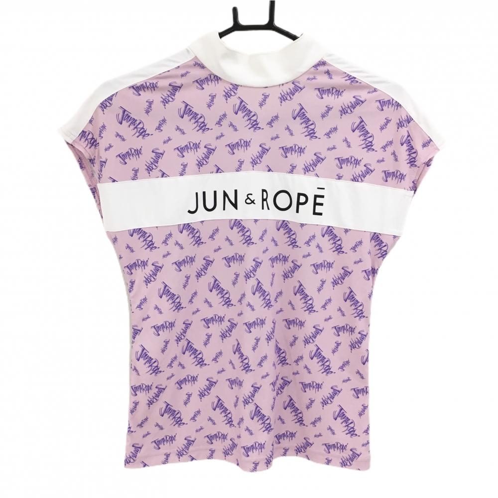 【超美品】ジュンアンドロペ フレンチスリーブシャツ ピンク×パープル ネックリボン 総柄  レディース S ゴルフウェア JUN＆ROPE
