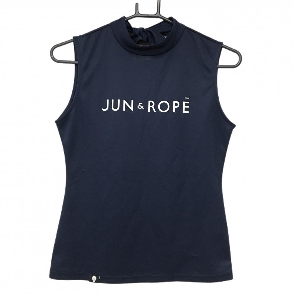 【美品】ジュンアンドロペ ノースリーブハイネックシャツ ネイビー フロントロゴ レディース S ゴルフウェア JUN＆ROPE