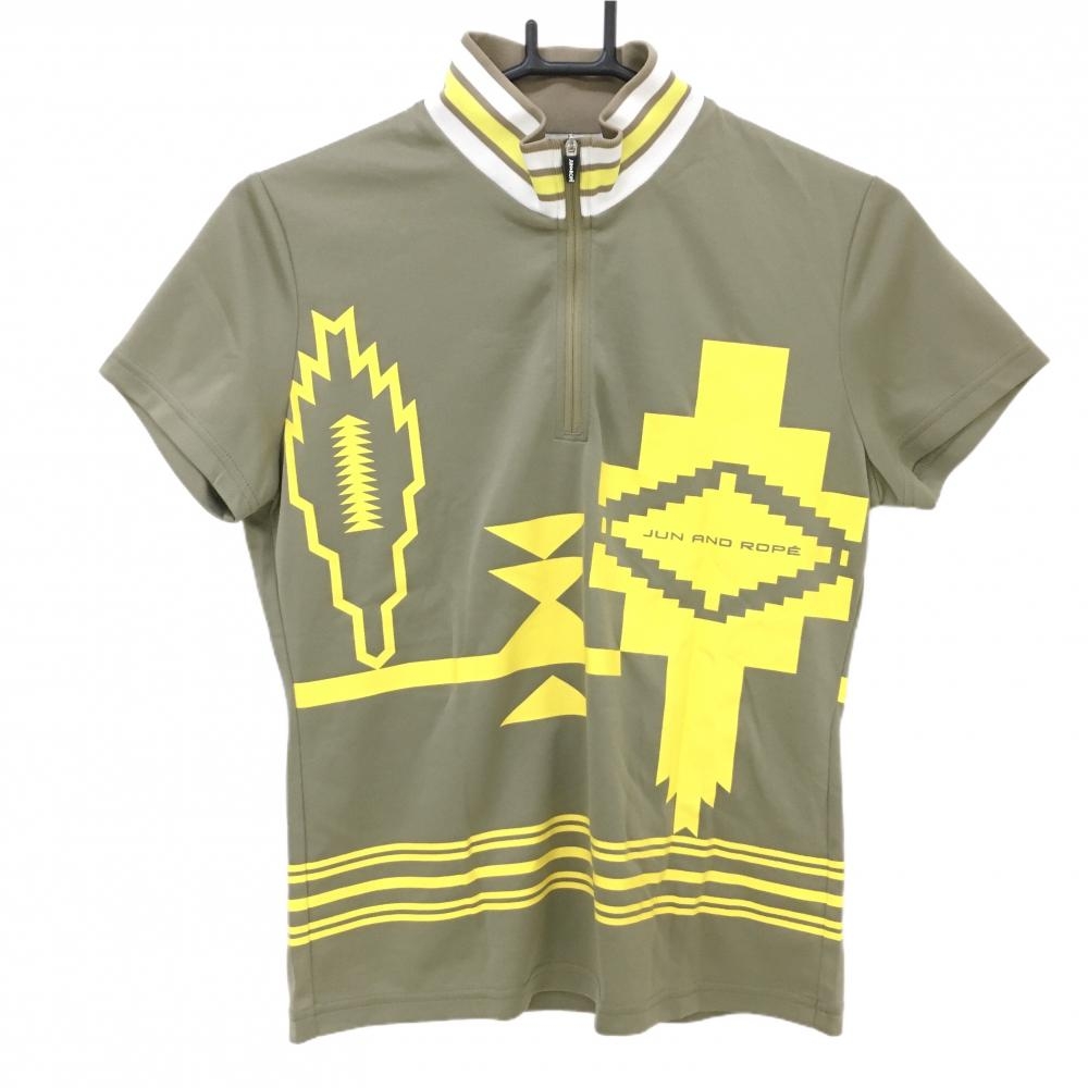 【超美品】ジュンアンドロペ 半袖ハイネックシャツ カーキ×イエロー 幾何学模様風 ハーフジップ  レディース M ゴルフウェア JUN＆ROPE 画像
